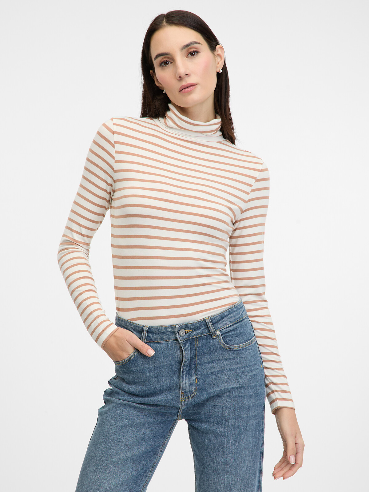 Béžové dámské pruhované tričko s dlouhým rukávem ORSAY - Dámské