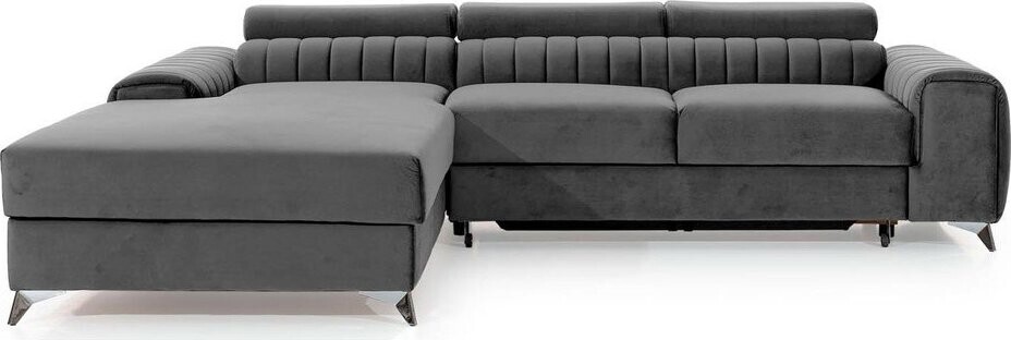 Tmavě šedá sametová rozkládací/s úložným prostorem rohová pohovka (levý roh/s lenoškou) Grayson – ELTAP