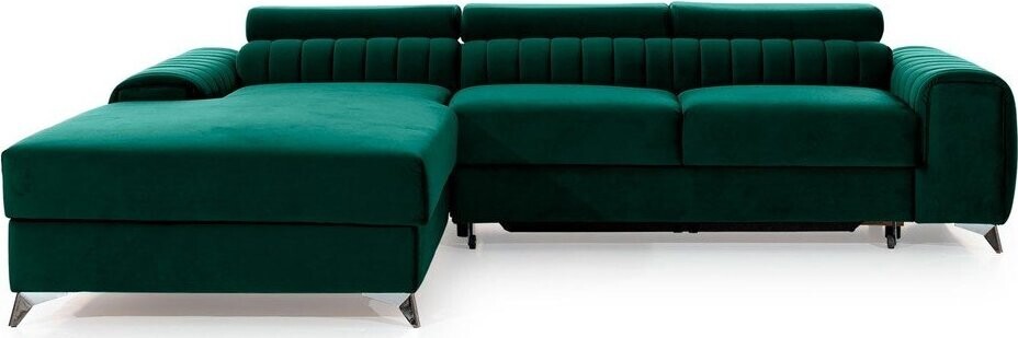 Zelená sametová rozkládací/s úložným prostorem rohová pohovka (levý roh/s lenoškou) Grayson – ELTAP
