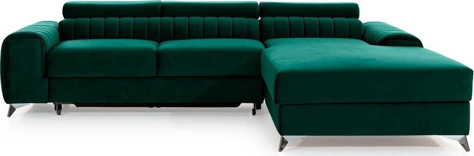 Zelená sametová rozkládací/s úložným prostorem rohová pohovka (pravý roh/s lenoškou) Grayson – ELTAP