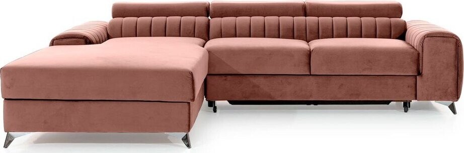 Růžová sametová rozkládací/s úložným prostorem rohová pohovka (levý roh/s lenoškou) Grayson – ELTAP