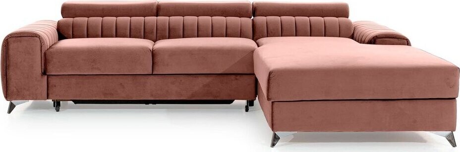 Růžová sametová rozkládací/s úložným prostorem rohová pohovka (pravý roh/s lenoškou) Grayson – ELTAP