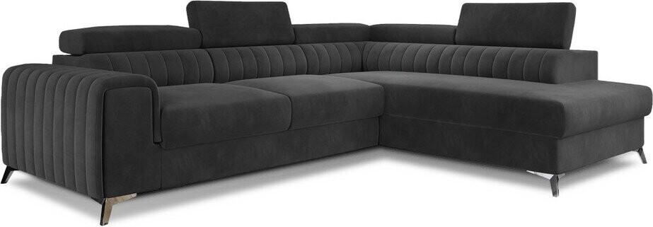 Tmavě šedá sametová rozkládací/s úložným prostorem rohová pohovka (pravý roh/do L) Laurence – ELTAP