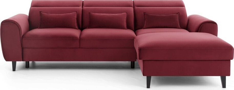 Červená sametová rozkládací/s úložným prostorem rohová pohovka (pravý roh/s lenoškou) Foble – ELTAP