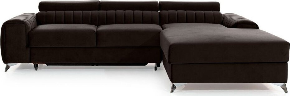 Tmavě hnědá sametová rozkládací/s úložným prostorem rohová pohovka (pravý roh/s lenoškou) Grayson – ELTAP