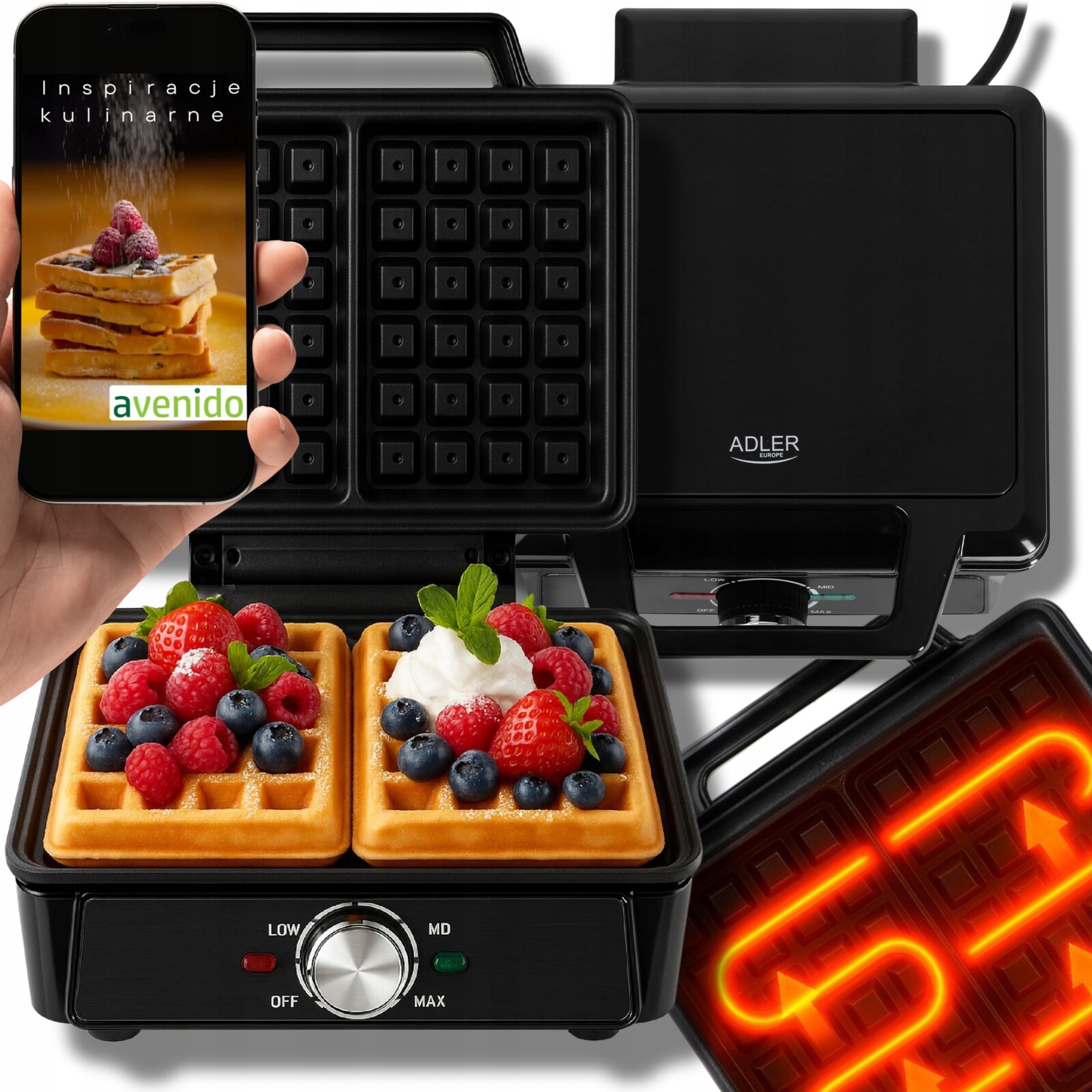 Vaflovač 2000W XXL 2 Velké vafle Regulace teploty Non-stick Silná