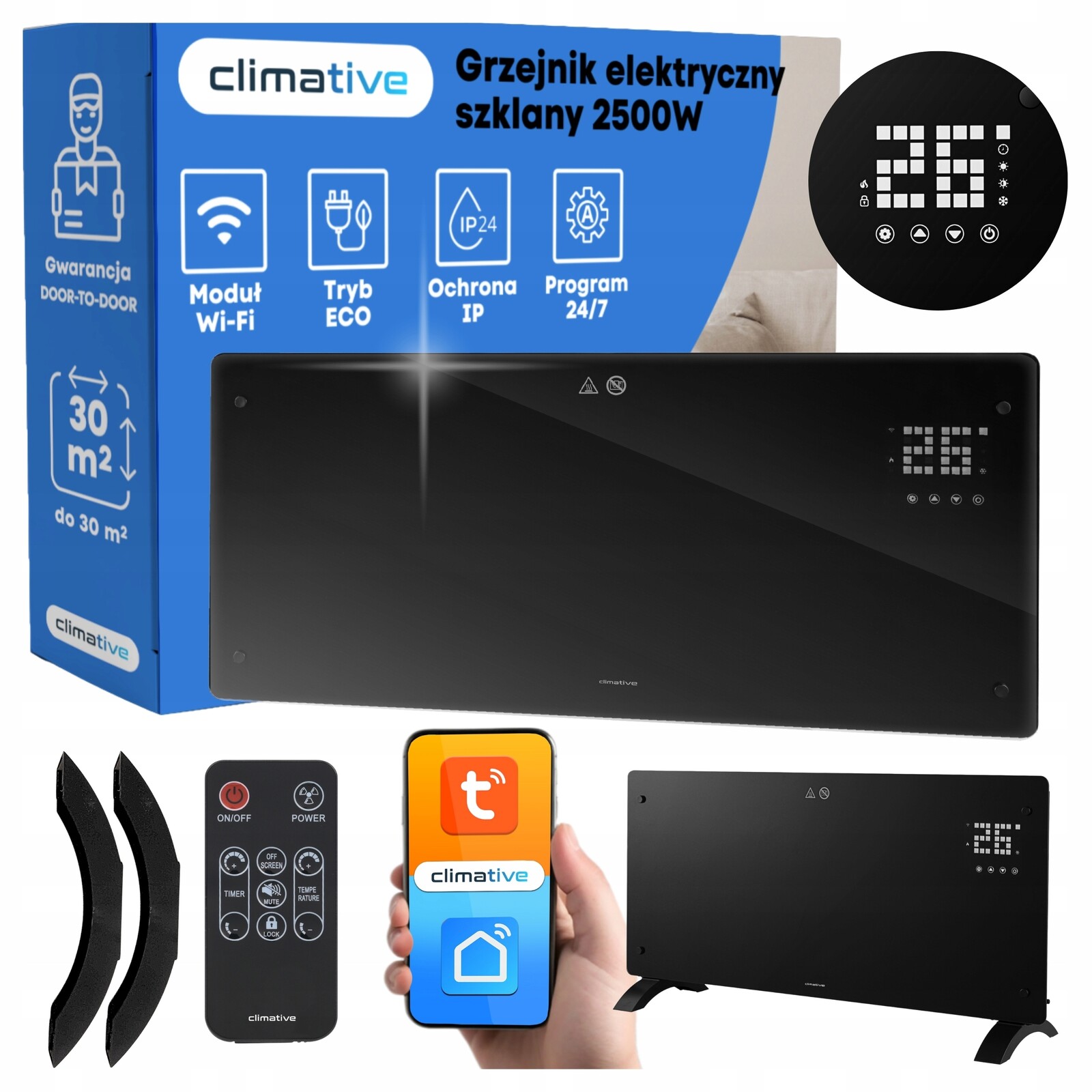 Elektrický skleněný konvektorový ohřívač Glow 2500W Led WiFi Tuya černý