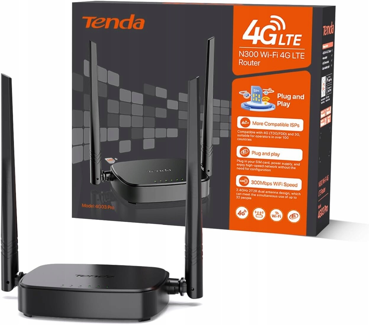 Router Tenda 4G03 Pro 802.11n (Wi-Fi 4), 802.11 g na Sim kartu 4G Lte