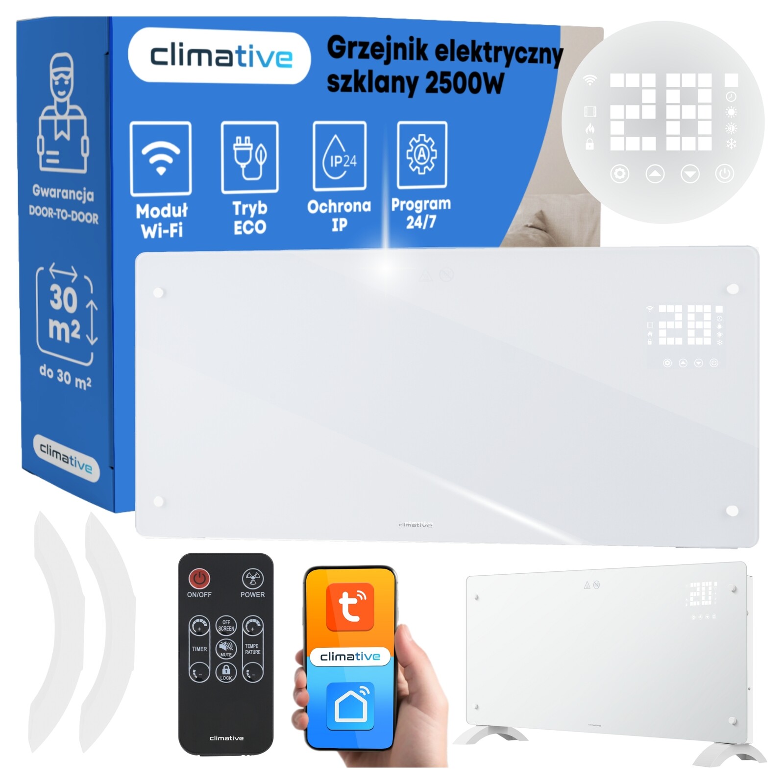 Elektrický skleněný konvektorový ohřívač Glow 2500W Led WiFi Tuya bílý