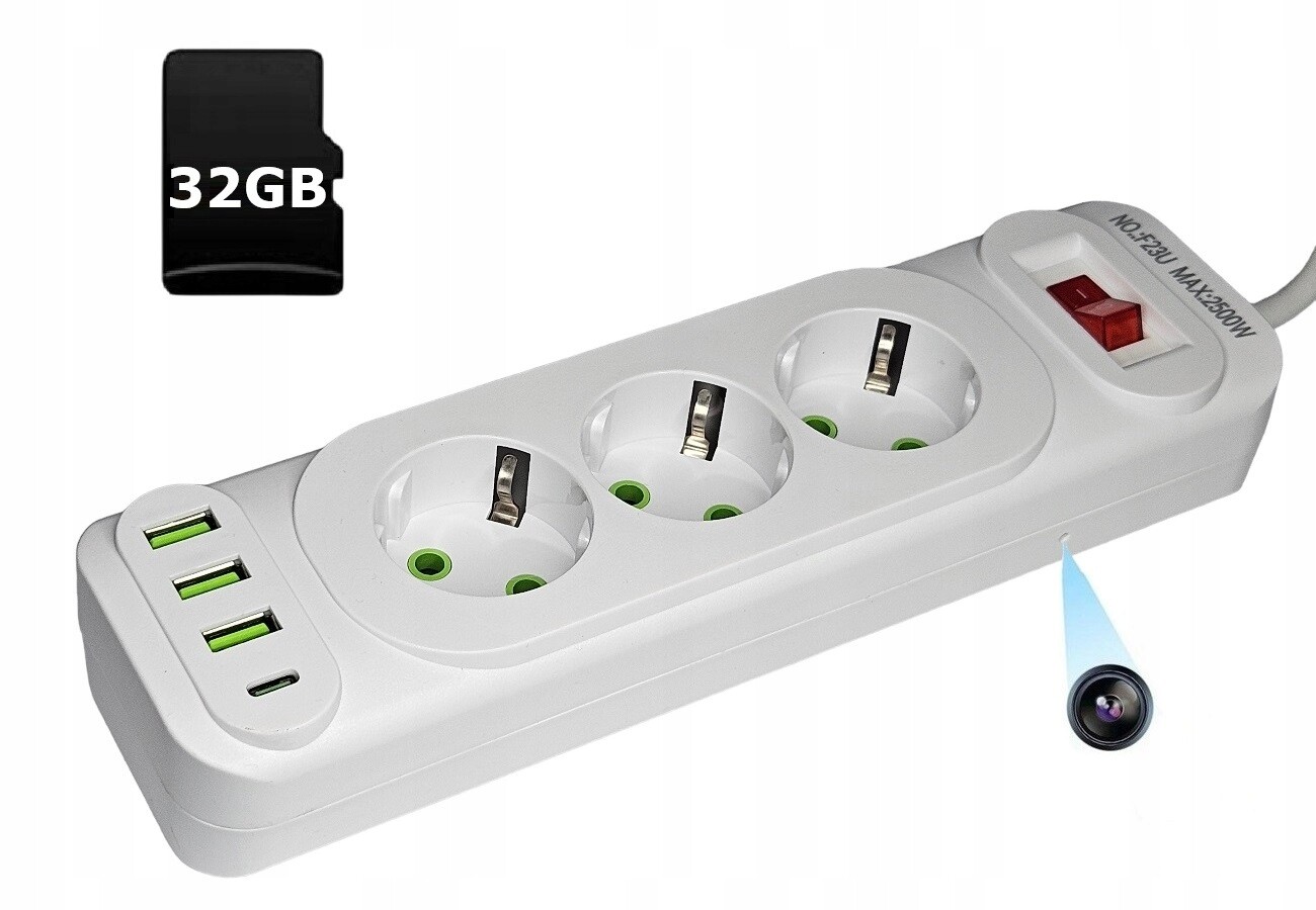 Skrytá Kamera Prodlužovací Zásuvková Lišta 3 Zásuvky Paměť 32GB Wifi