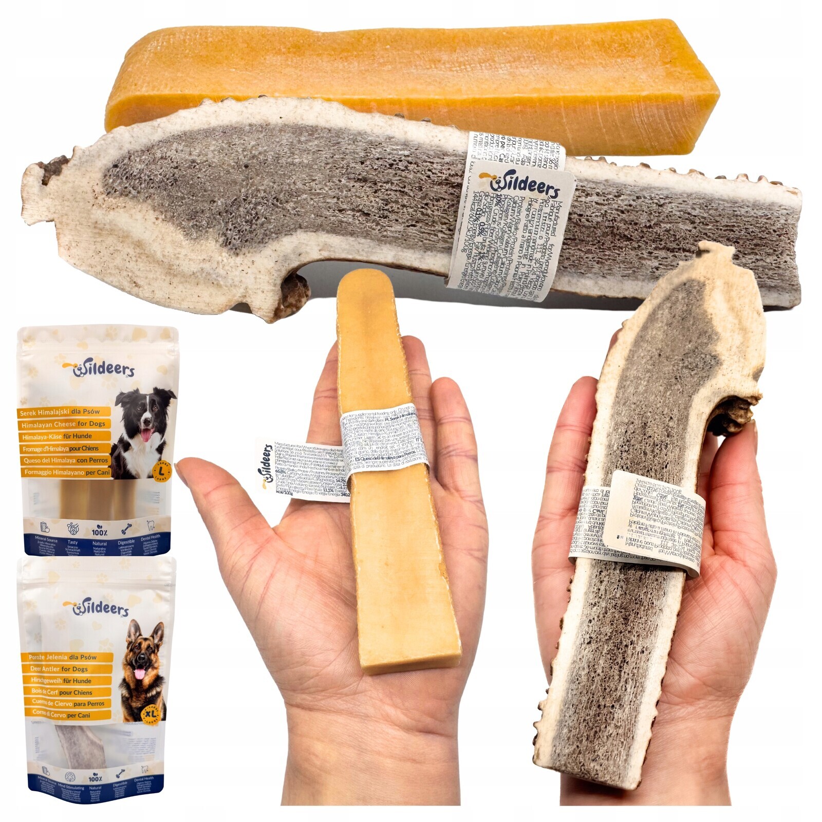 Přírodní žvýkací pamlsky pro psy s himálajským sýrem L 1 Ks a jelením parohem XL 1 Ks