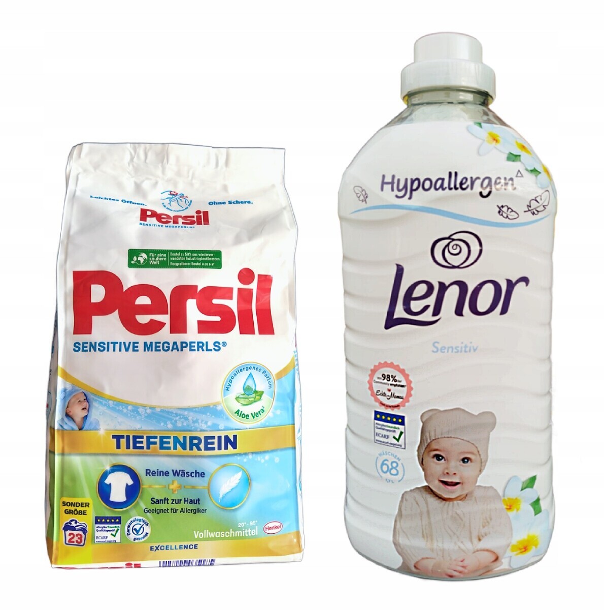 Persil Sensitive prášek na 23 ot. a Lenor Sensitiv tekutá aviváž 68 ot.