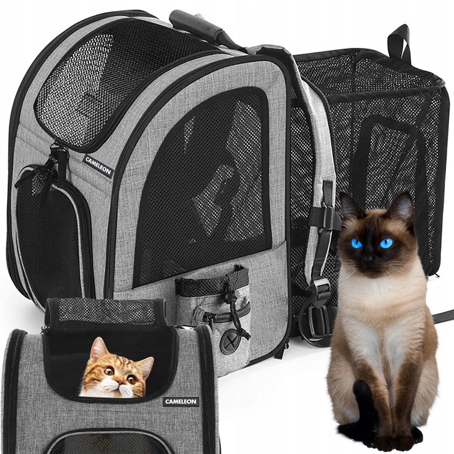 Robustní Batoh přepravka pro psa kočku materiál odstíny šedé se síťovinou