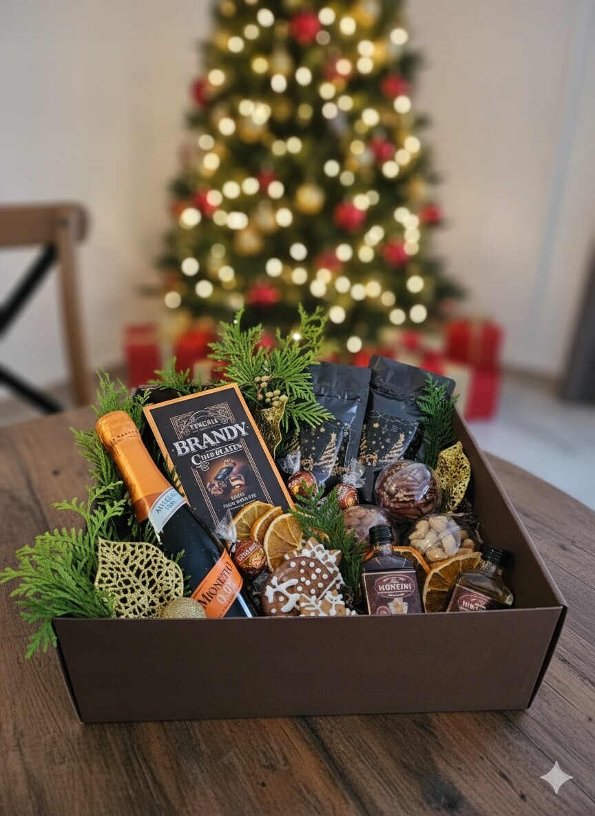 Vánoční Dárková Sada Košík Káva Čaj Sladkosti Box