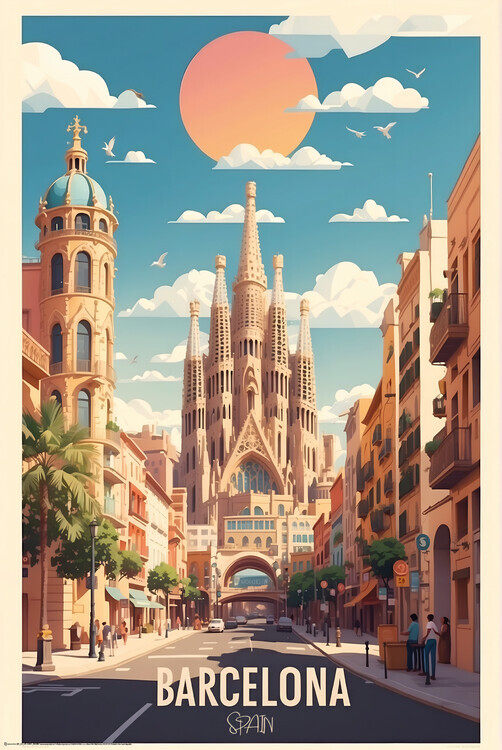 Europosters Plakát, Obraz - Barcelona – Vintage Travel Poster, 61 × 91.5 cm