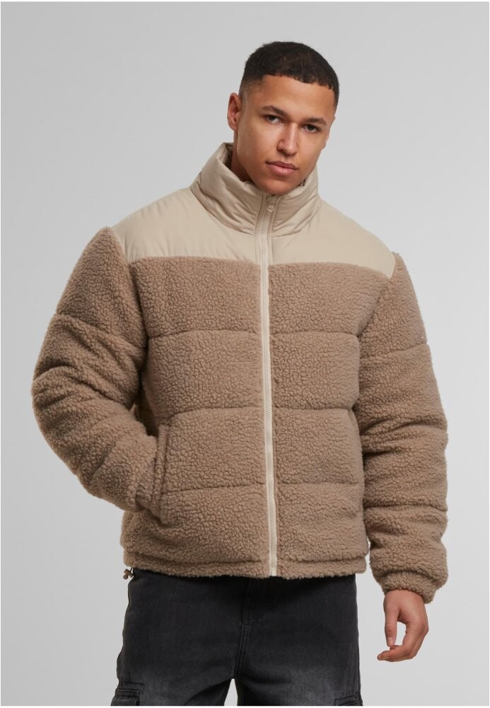 Fabric Mix Teddy Puffer Jacket - darktaupe 3XL