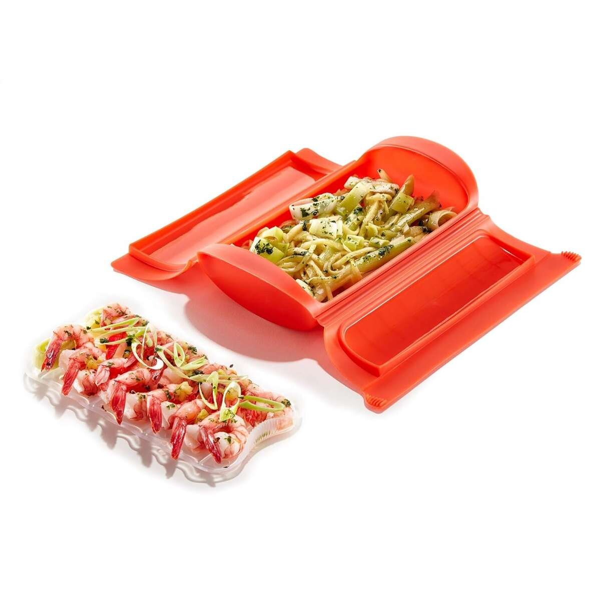 Nádoba pro vaření v páře do mikrovlnné trouby 24 cm, s táckem, červená, silikon, Lékué