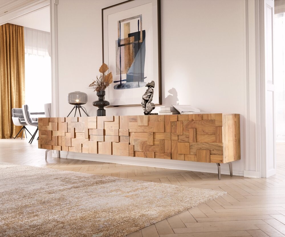 TV stolek Puzzle 260 cm přírodní akácie šikmá podnož nerezová ocel