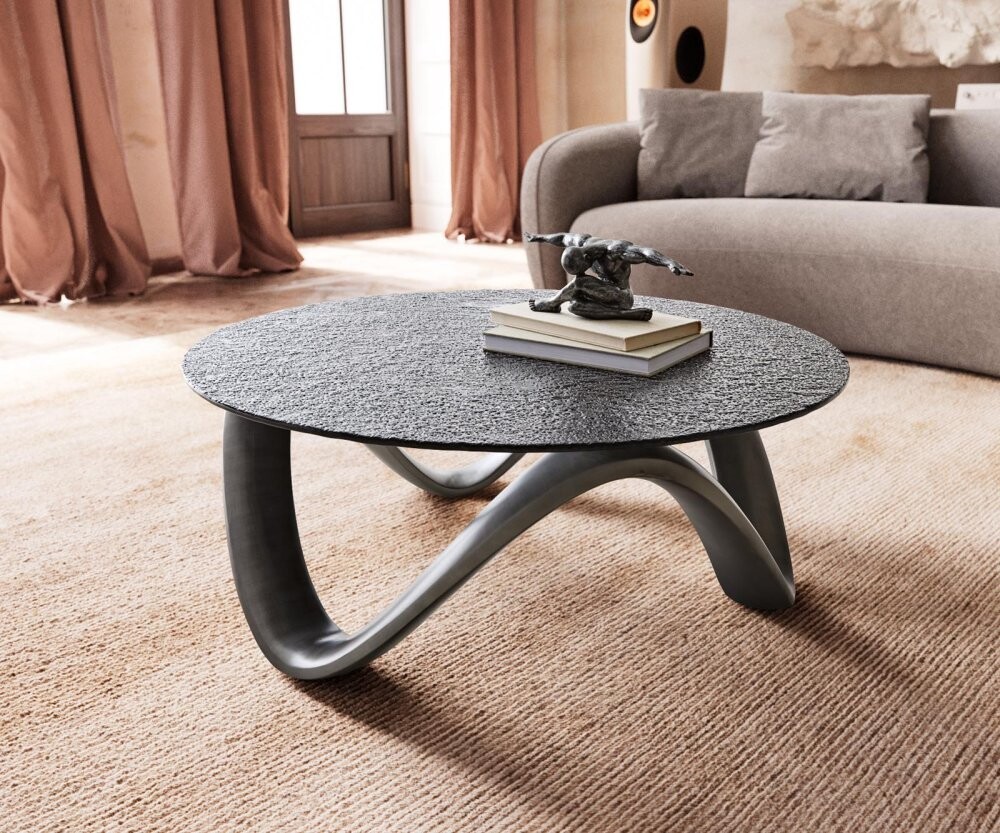 Konferenční stolek Tanju 90x90 cm metalická stříbrná reliéfní sklo