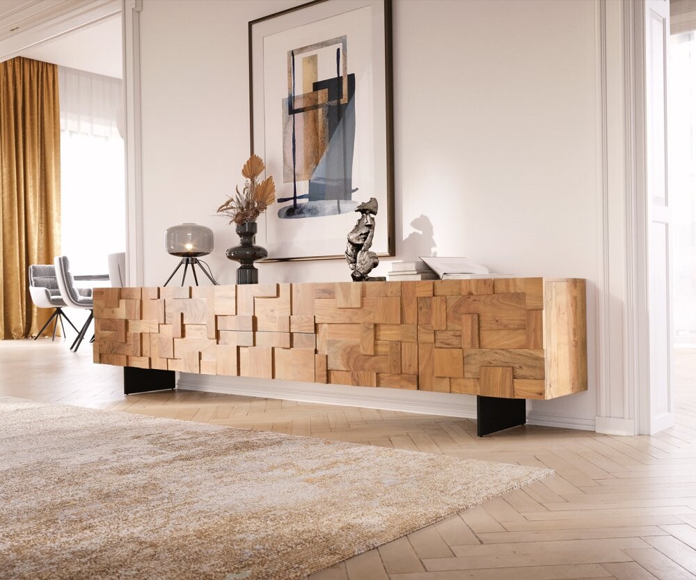 TV stolek Puzzle 260 cm přírodní akácie podnož kovová černá