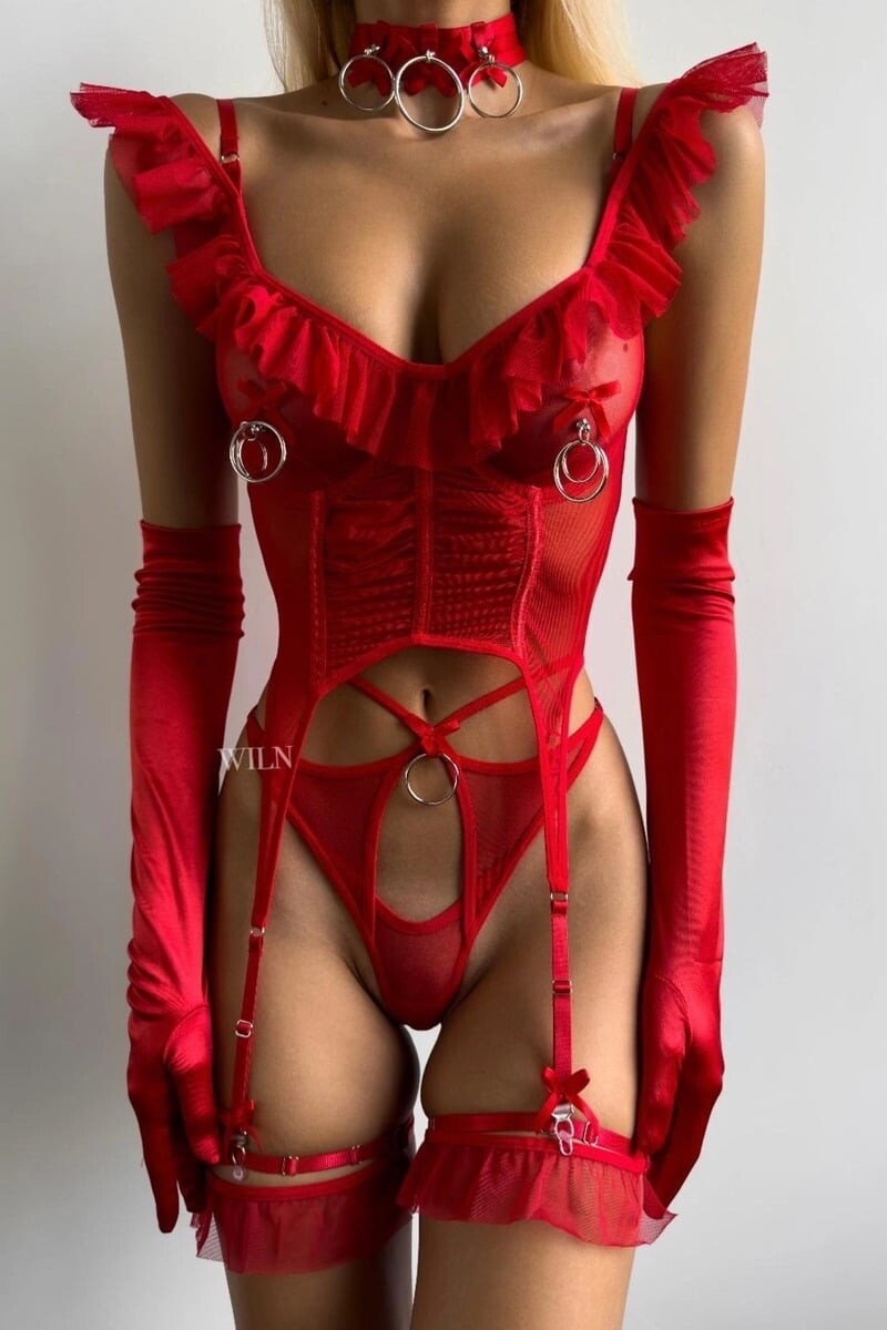 Červený třídílný set s korzetem Heat