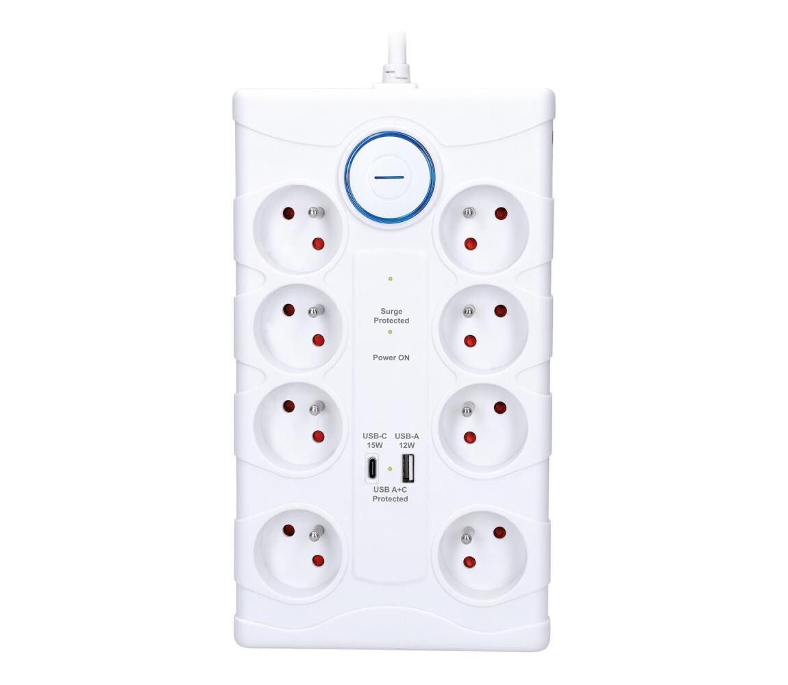 PO80 - Prodluž. kabel s vypínačem 8Z Typ E + 1xUSB-A + 1xUSB-C 2m bílá