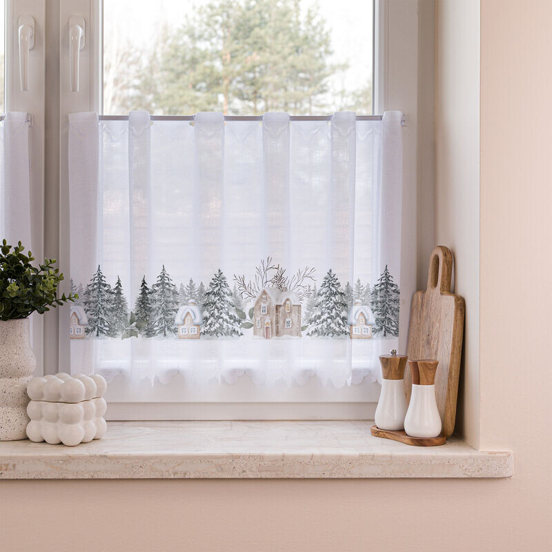 Záclona žakárová, Stromečky a domky, bílá 50 cm