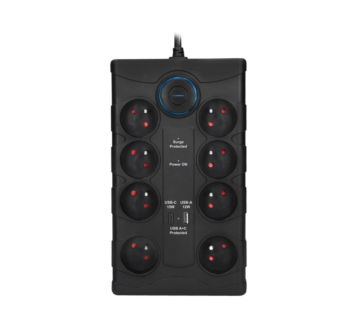 PO80B - Prodluž. kabel s vypínačem 8Z Typ E + 1xUSB-A + 1xUSB-C 2m černá