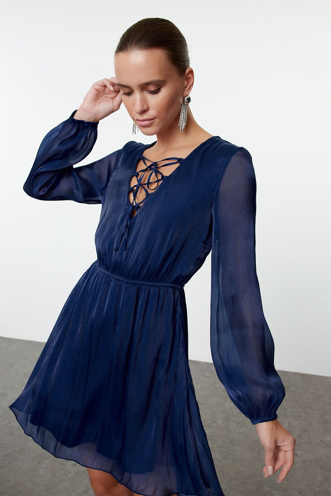 Trendyol Navy Blue A-Line Glittery Lined Chiffon Woven Mini Dress