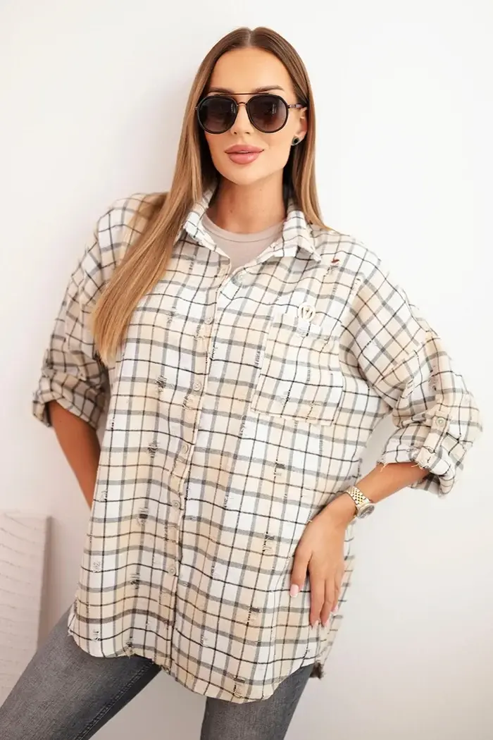 Kesi Włoski Dámská bavlněná košile v kostkovaném vzoru s efektem odření béžová