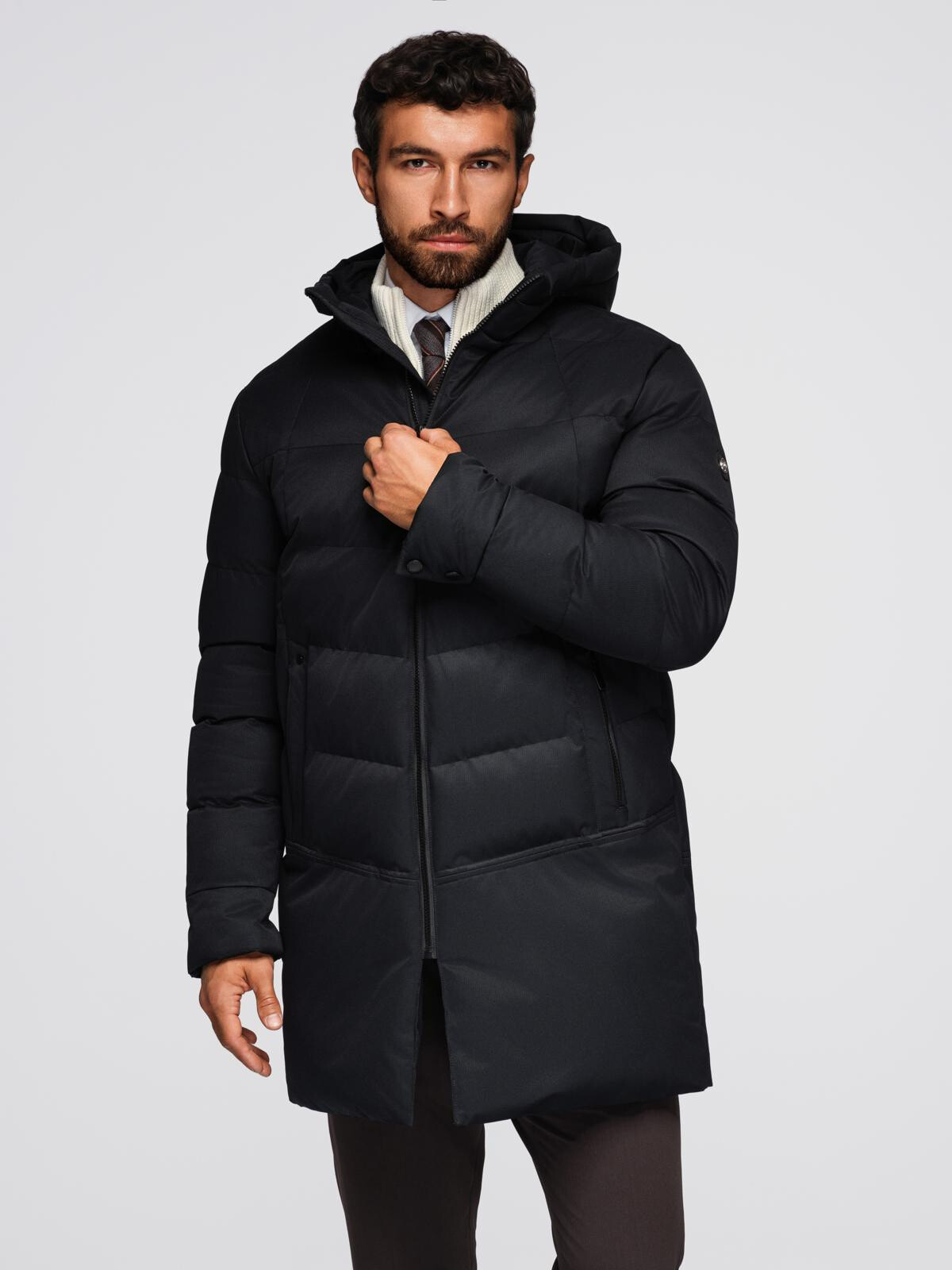 Ombre Men's long quilted jacket with hood - black