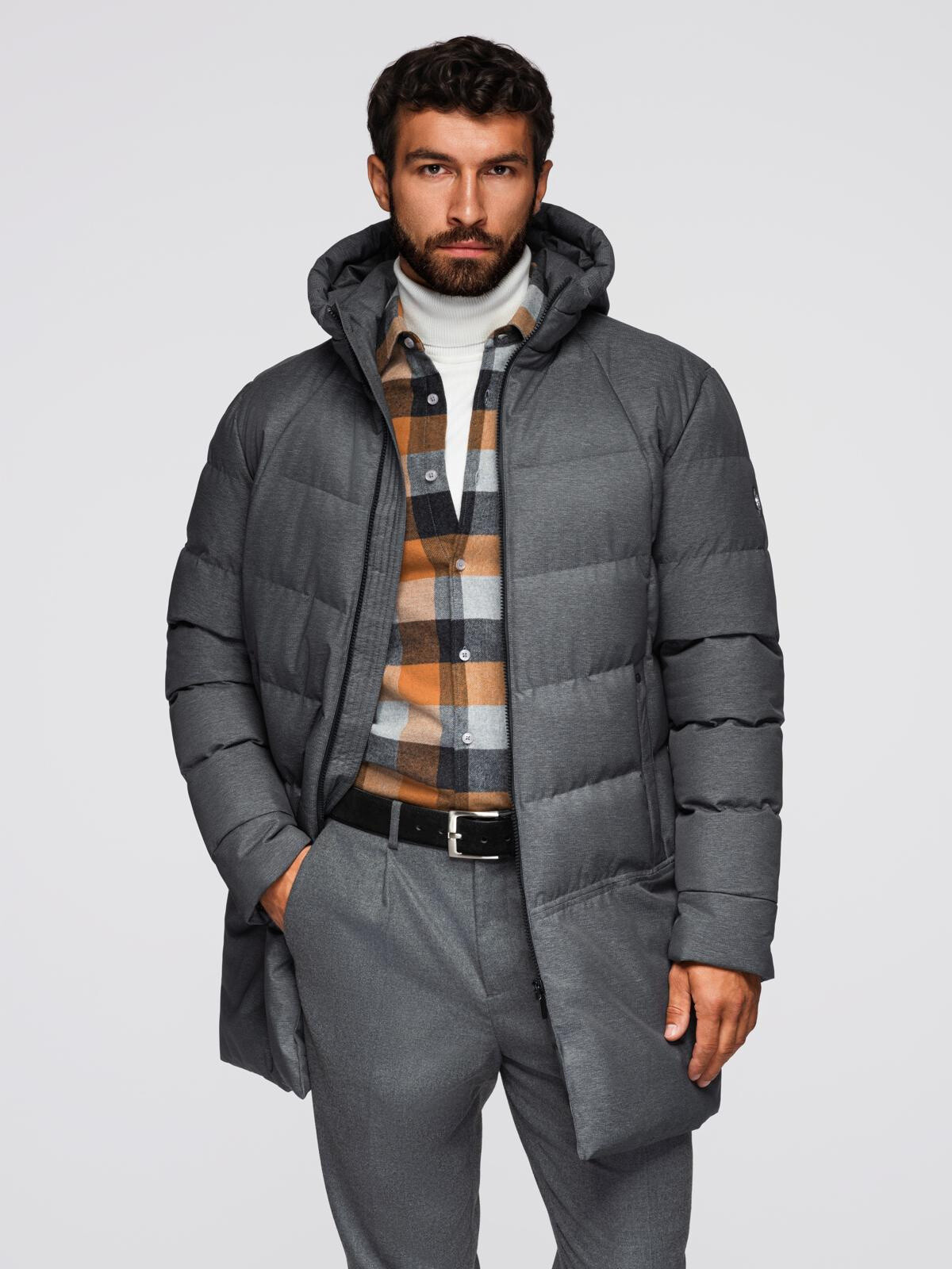 Ombre Men's long quilted jacket with hood - grey