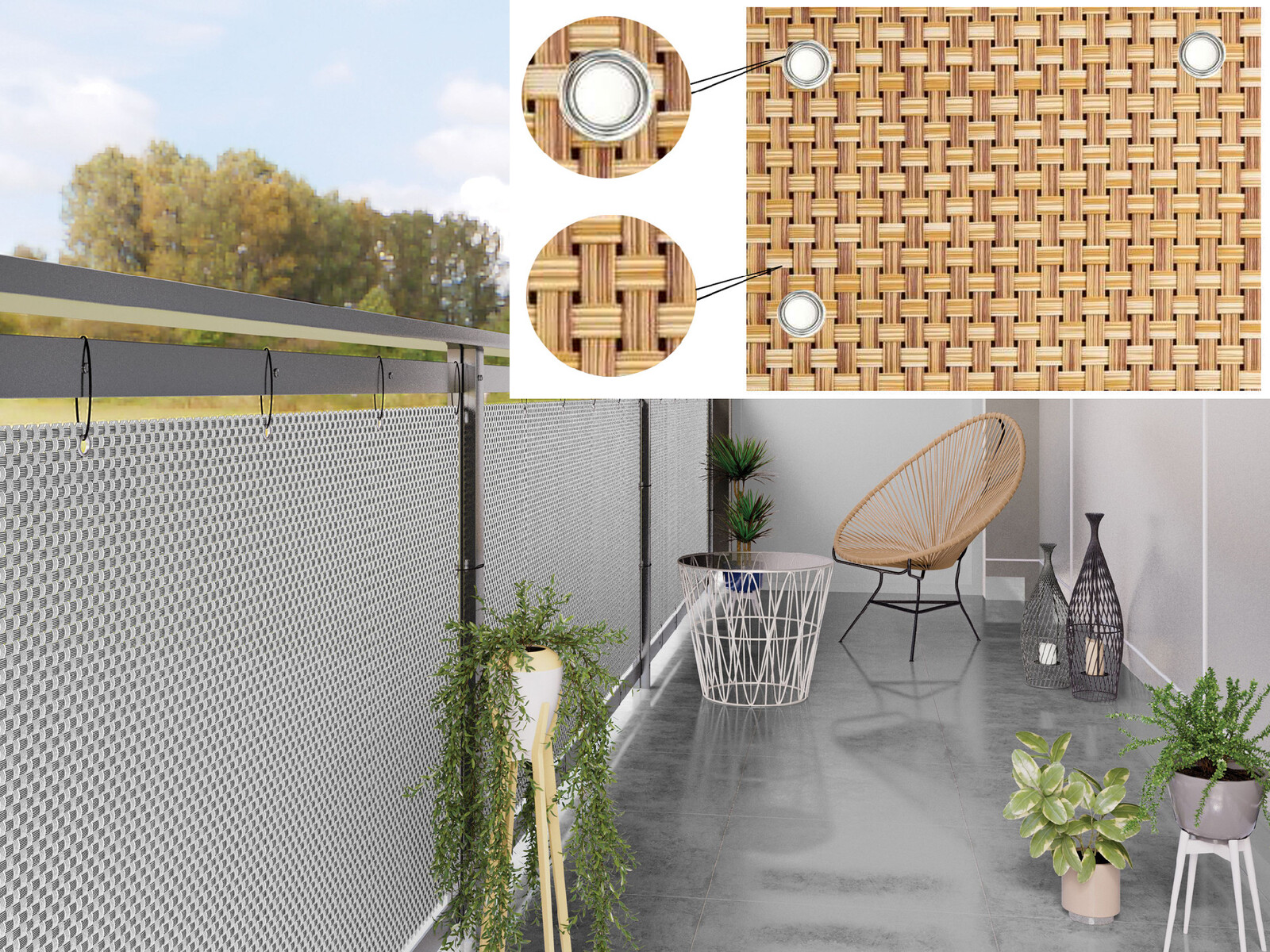 Balkonová ratanová zástěna s očky PORI, béžová, výška 90 cm šířka různé rozměry 900g/m2 MyBestHome Rozměr: 90x200 cm