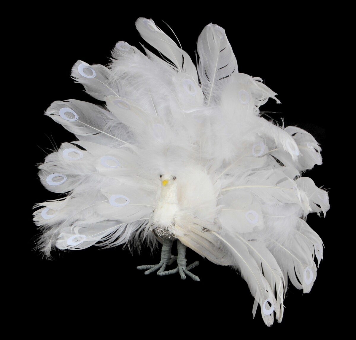 Bílý páv s rozevřeným ocasem | nadýchaná dekorace s pravým peřím | 30 cm
