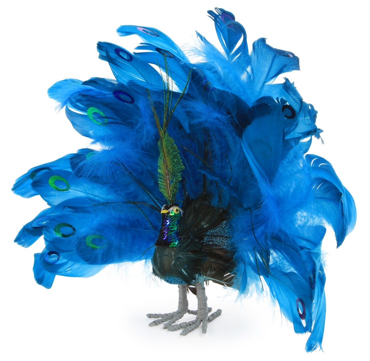 Modrý páv s perlovým třpytem | stojící dekorace s pravými pery a flitry | 30 cm