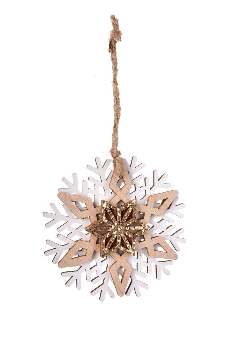 Třpytivé objetí zimy | dřevěná 3D vločka s hvězdičkou | 9 cm