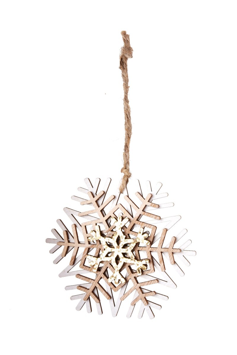 Zlatý stříbrný zázrak | dřevěná 3D vločka se třpytkami | 9 cm