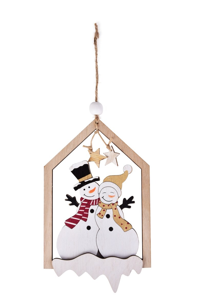 SNĚHULÁKOVÝ DOMEČEK | závěsná dřevěná ozdoba s aplikací | 16 cm
