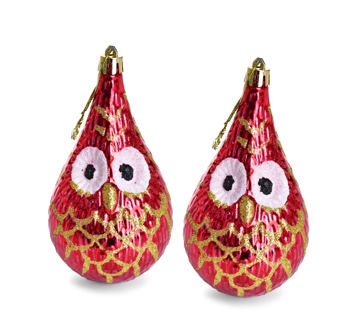 VYKULENÉ SOVIČKY | sada vánočních ozdob ve tvaru kapky | červená | 2 ks × 12 cm
