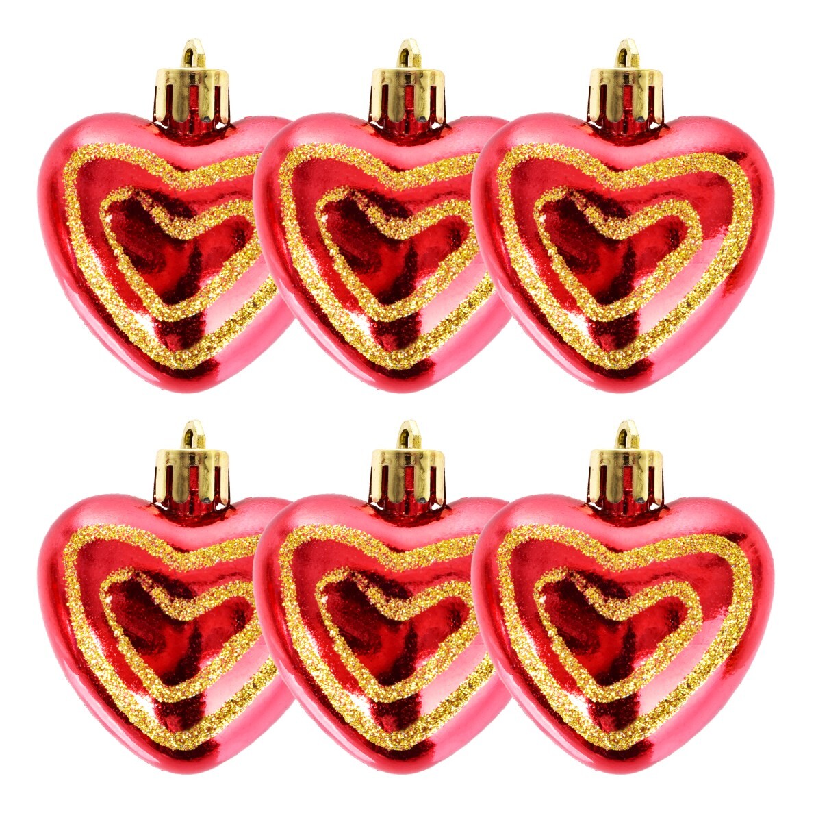LESKLÁ SRDÍČKA S TŘPYTKAMI | sada vánočních ozdob | červená | 6 ks × 5 cm