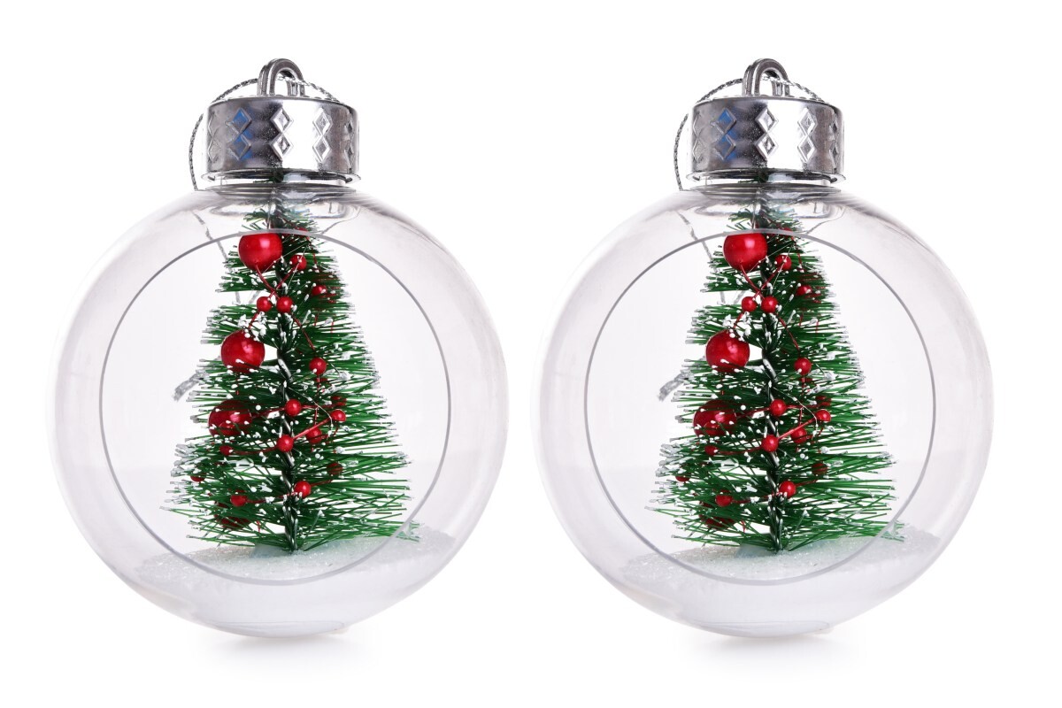 KOULE SE STROMEČKEM | sada vánočních ozdob s vnitřní dekorací | transparentní | 2 ks × 8 cm