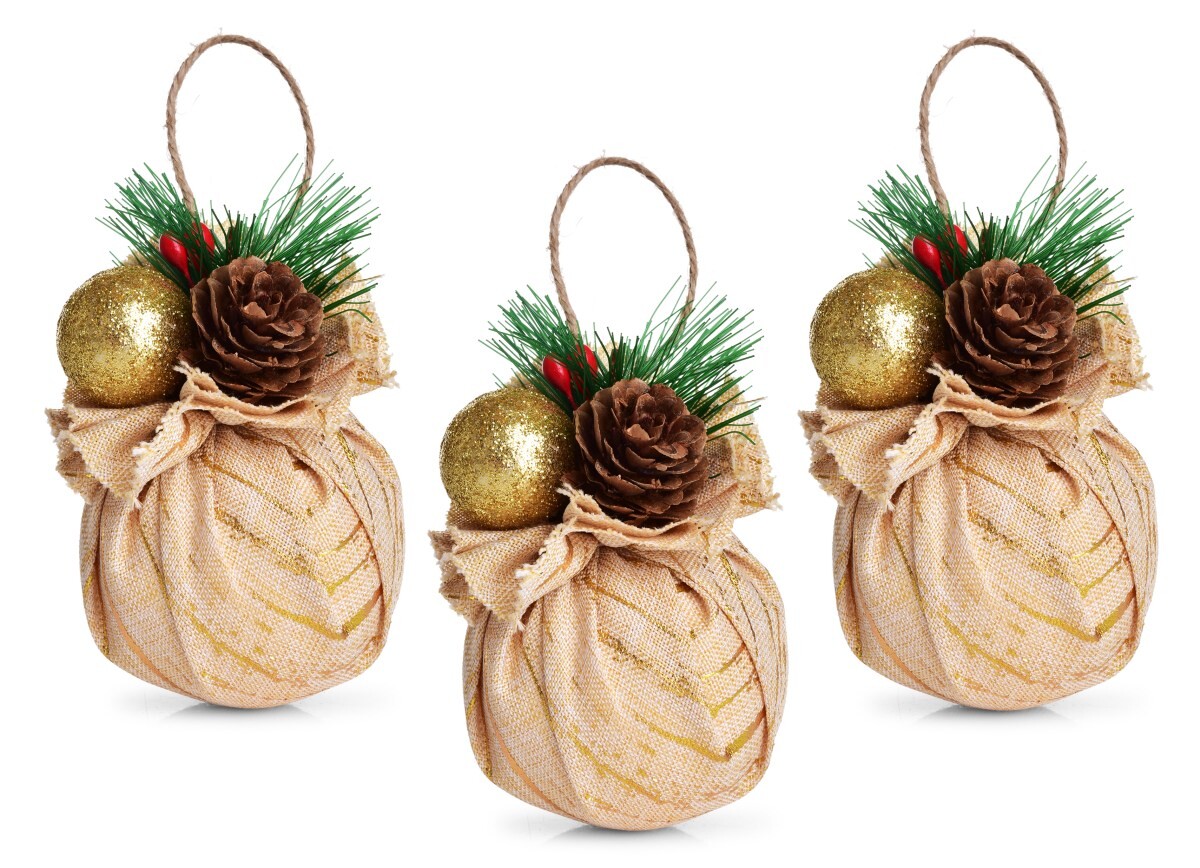 KOULE V REŽNÉM KABÁTKU | sada vánočních ozdob s přízdobou | 3 ks × 6 cm