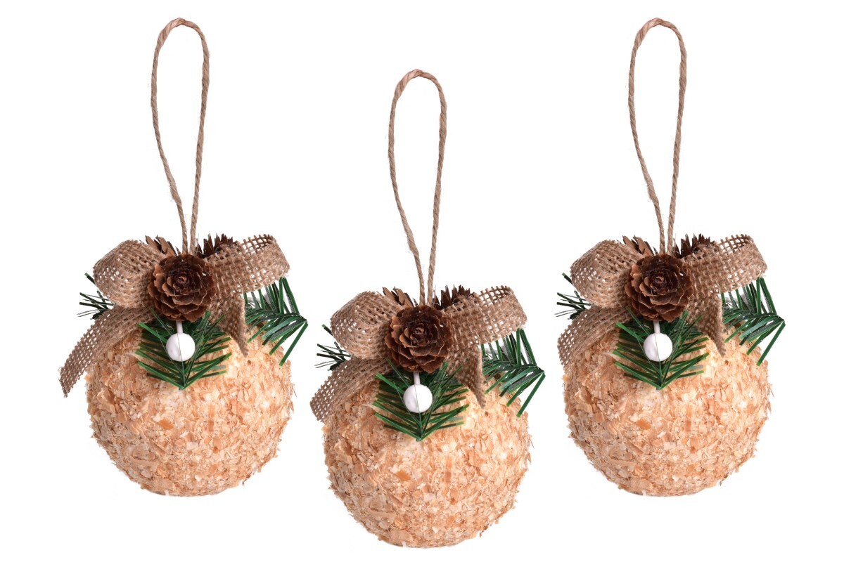 XL PŘÍRODNÍ KOULE S JUTOVOU MAŠLÍ | sada vánočních ozdob s přízdobou | 3 ks × 8 cm