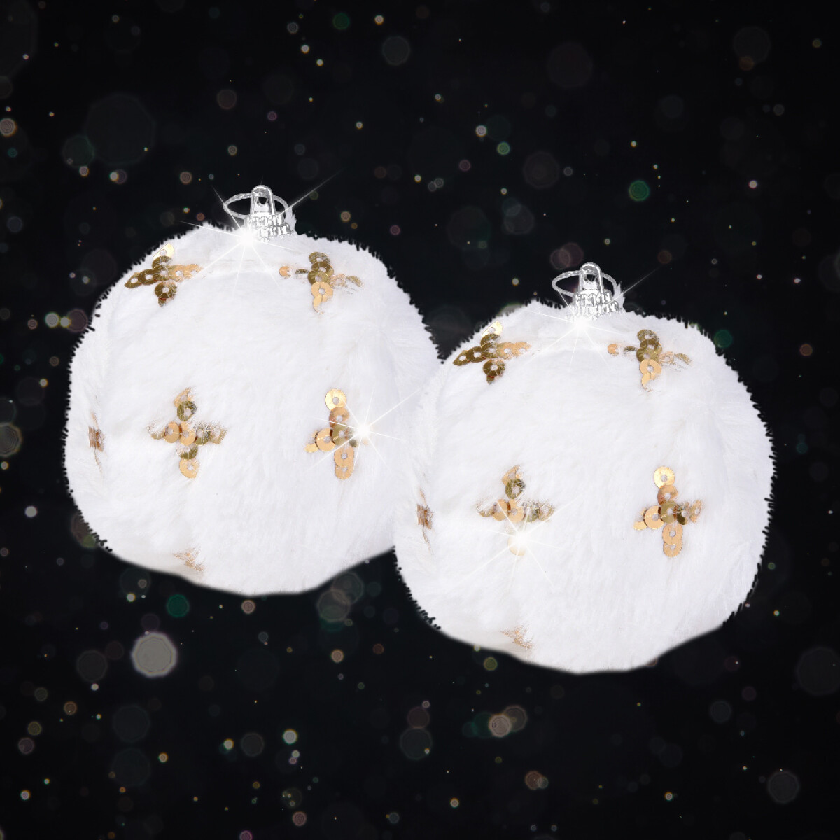 BÍLÉ PLYŠOVÉ KOULE SE ZLATÝMI FLITRY | hebké vánoční ozdoby | 2 ks × 7,6 cm