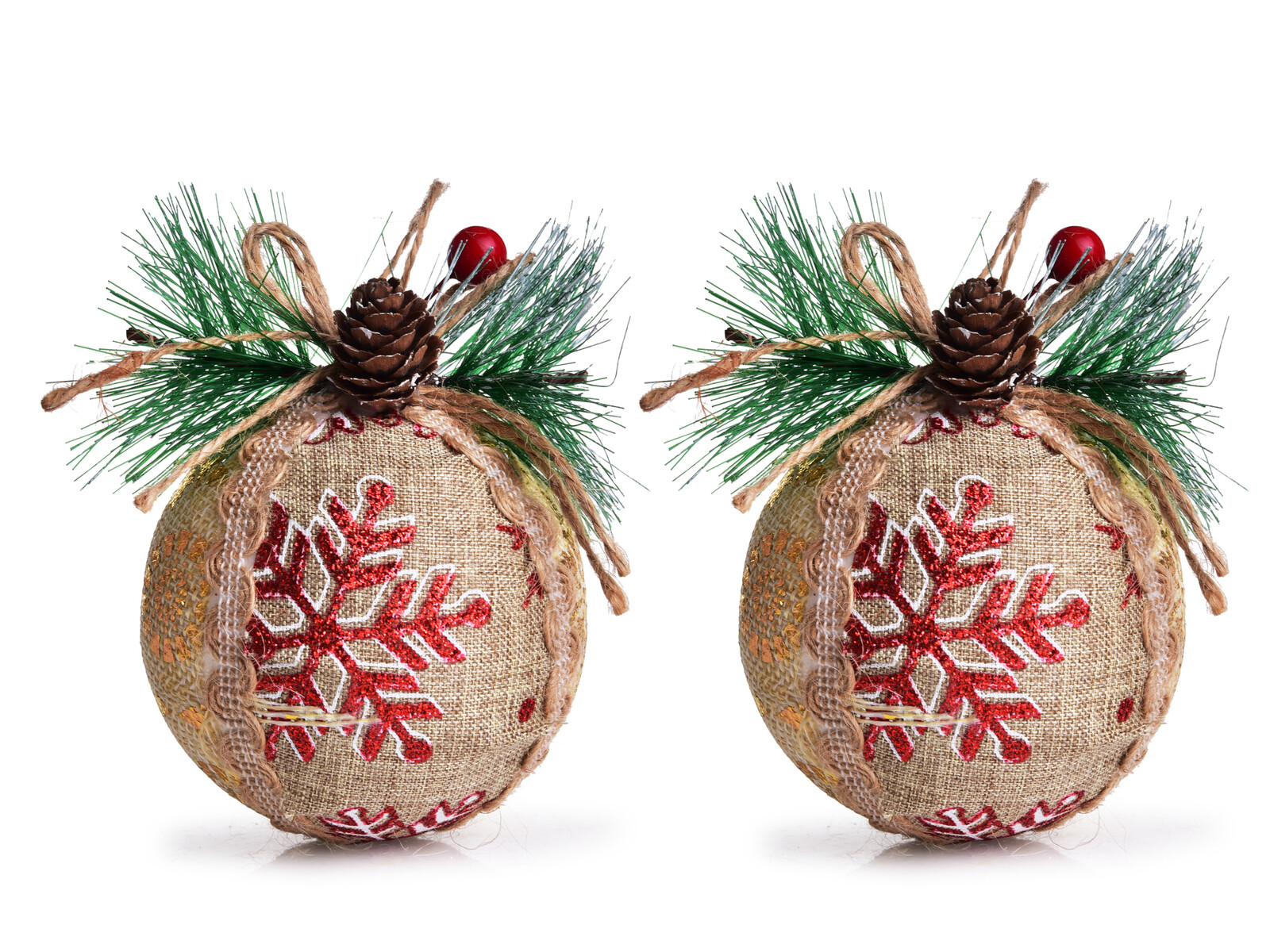RUSTIKÁLNÍ KOULE S VLOČKOU | vánoční ozdoby s látkovým potahem a přízdobou | 2 ks × 7,5 cm