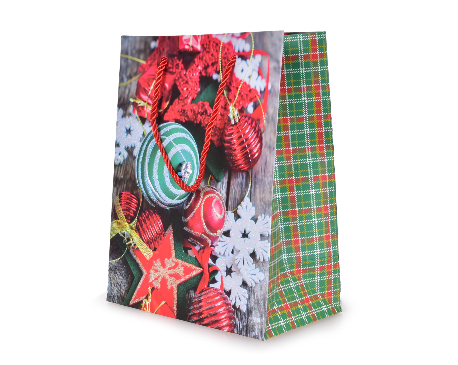 Vločky, hvězdy a koule v červenozelené | dárková taška M