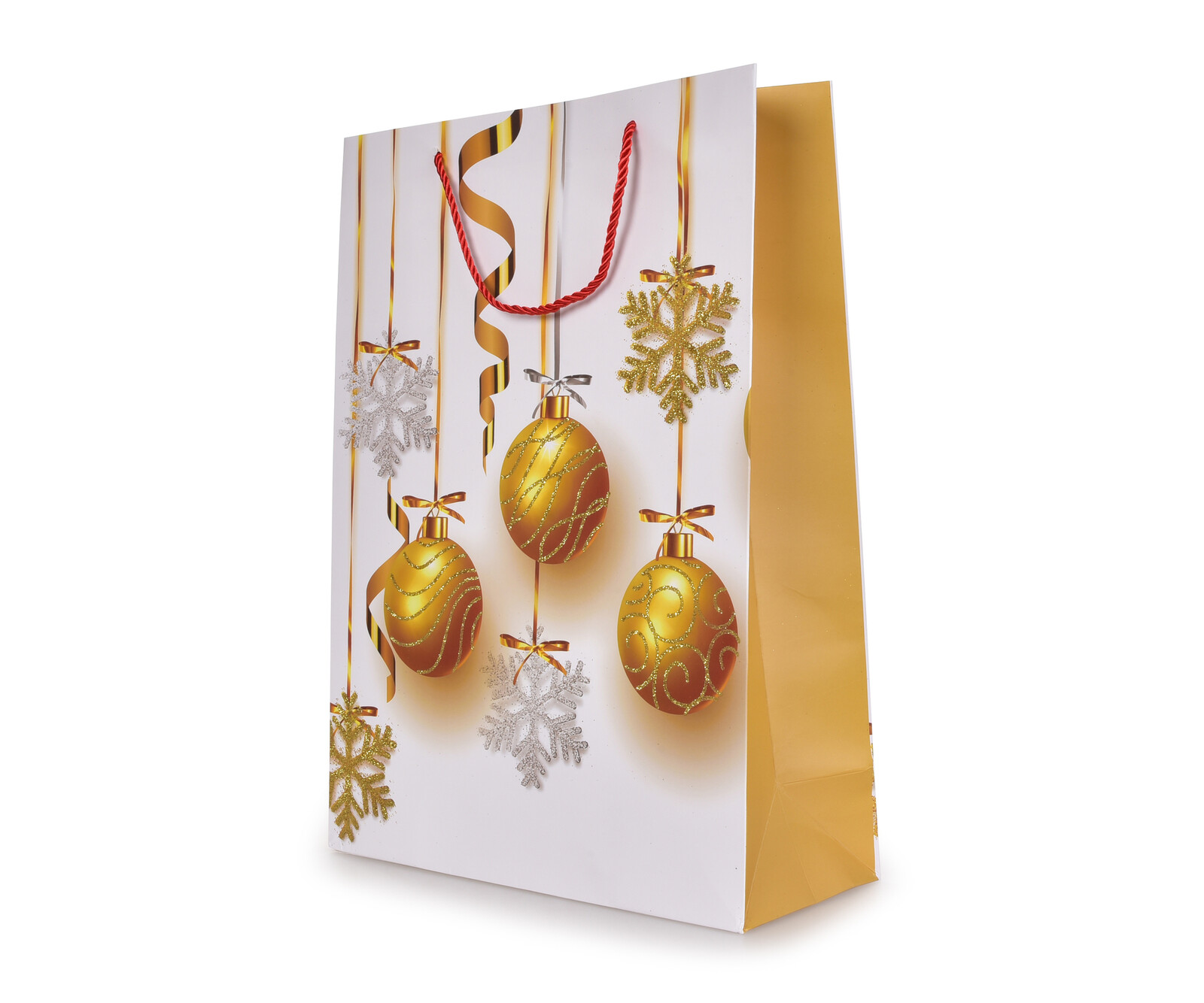 Zlaté koule & vločky na bílém pozadí | dárková taška XL