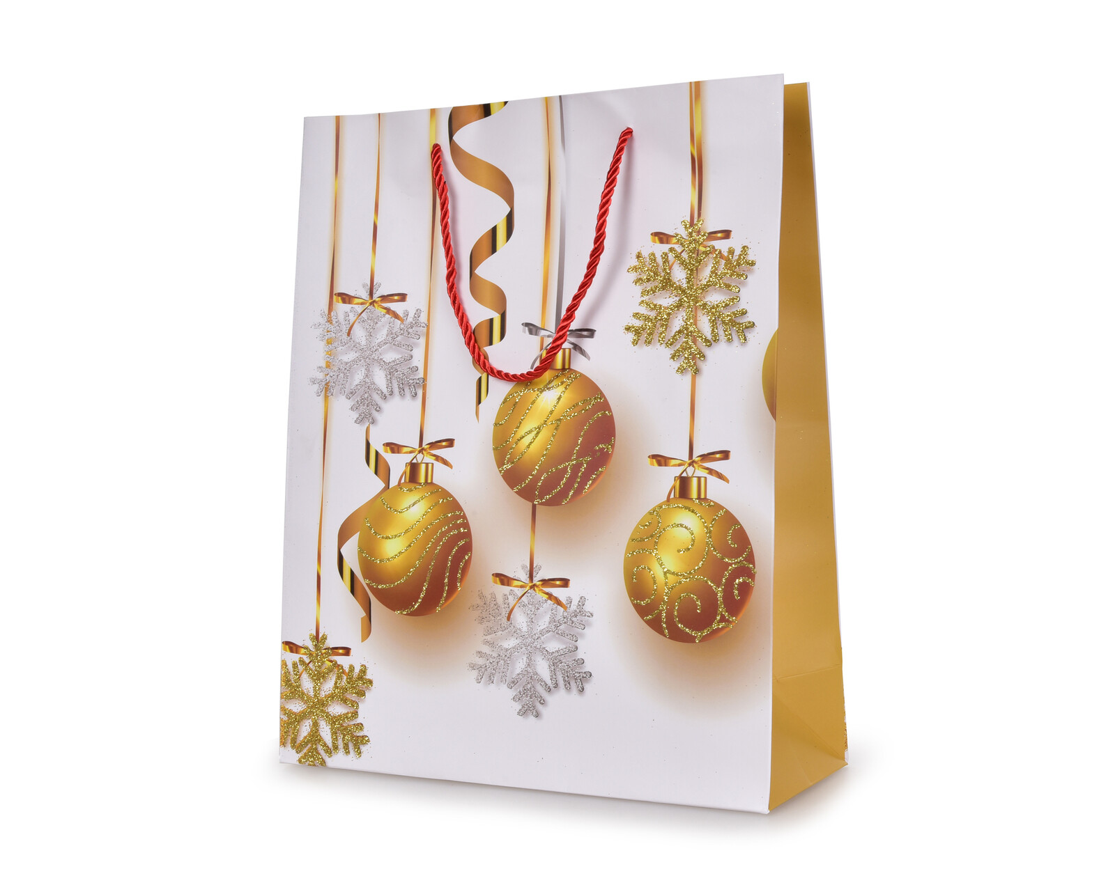 Zlaté koule & vločky na bílém pozadí | dárková taška L
