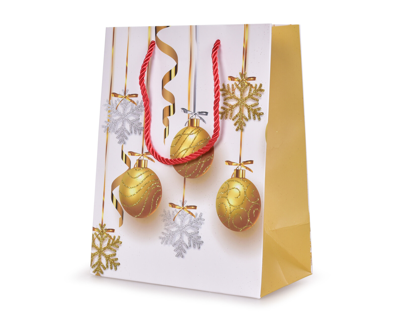 Zlaté koule & vločky na bílém pozadí | dárková taška M