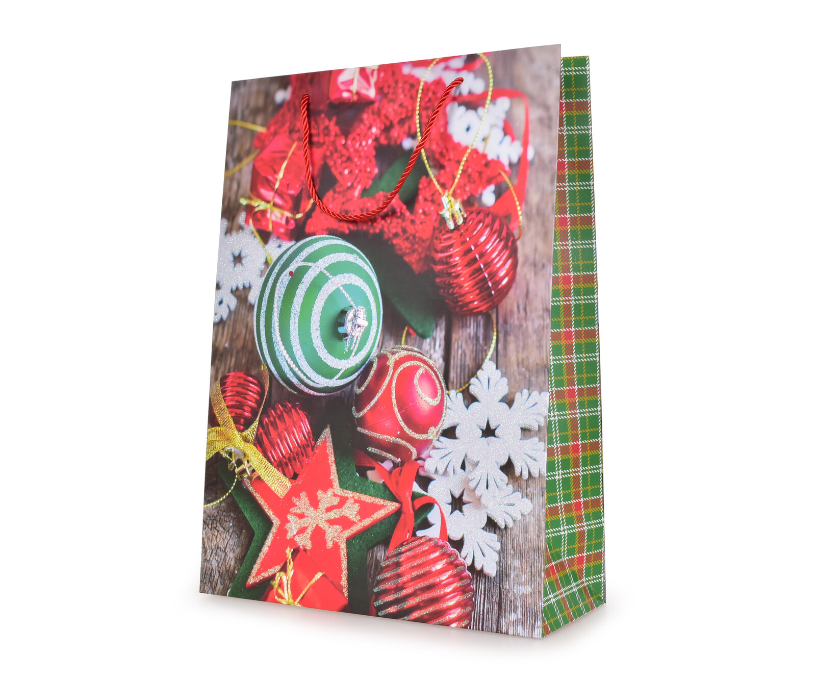 Vločky, hvězdy a koule v červenozelené | dárková taška XL